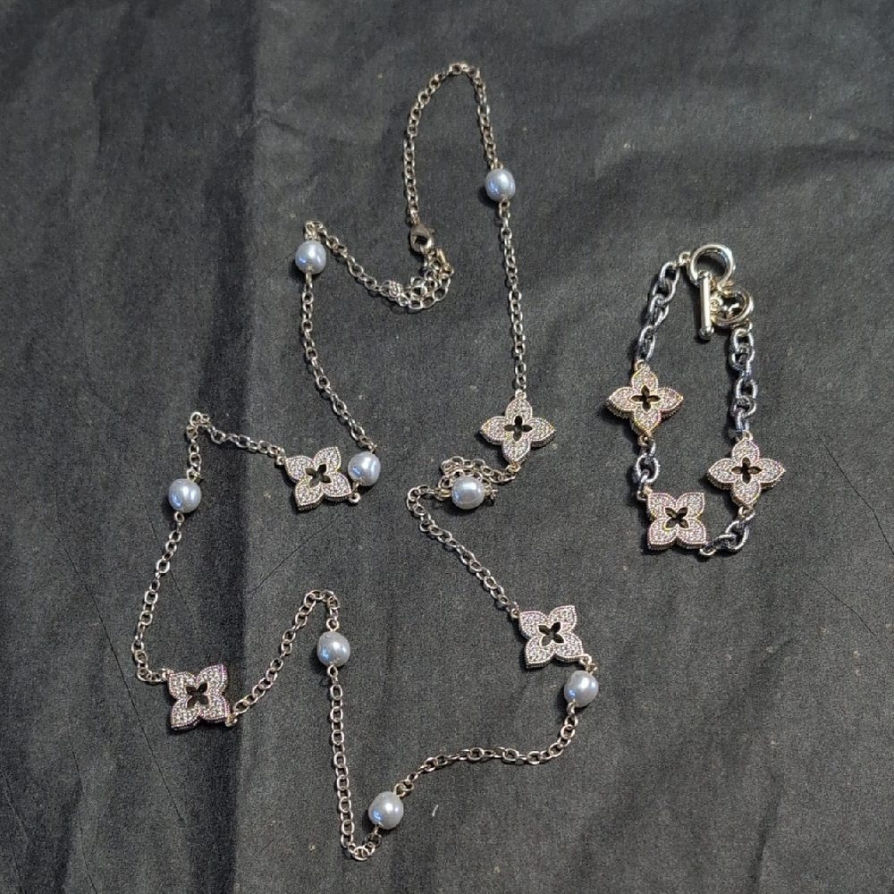 Rhinestone Clover Silver Plate Necklace & Bracelet